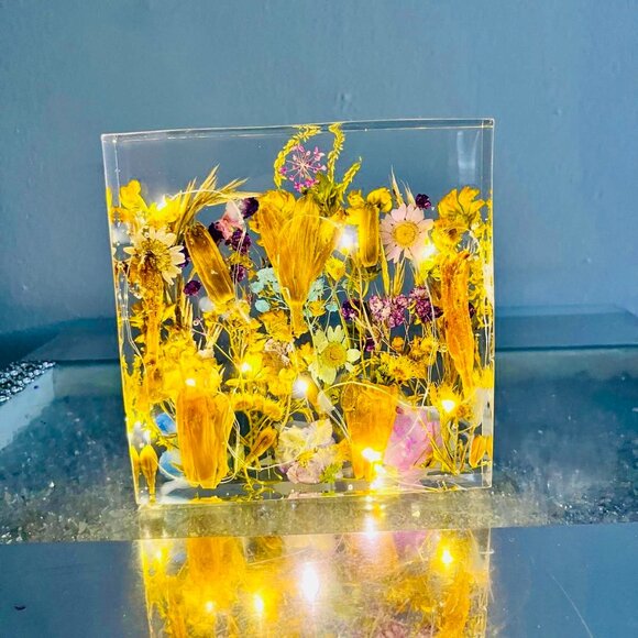 Handmade Resin Flower Block with LED Lights – Dried Floral Night Light | Unique - Picture 1 of 6
